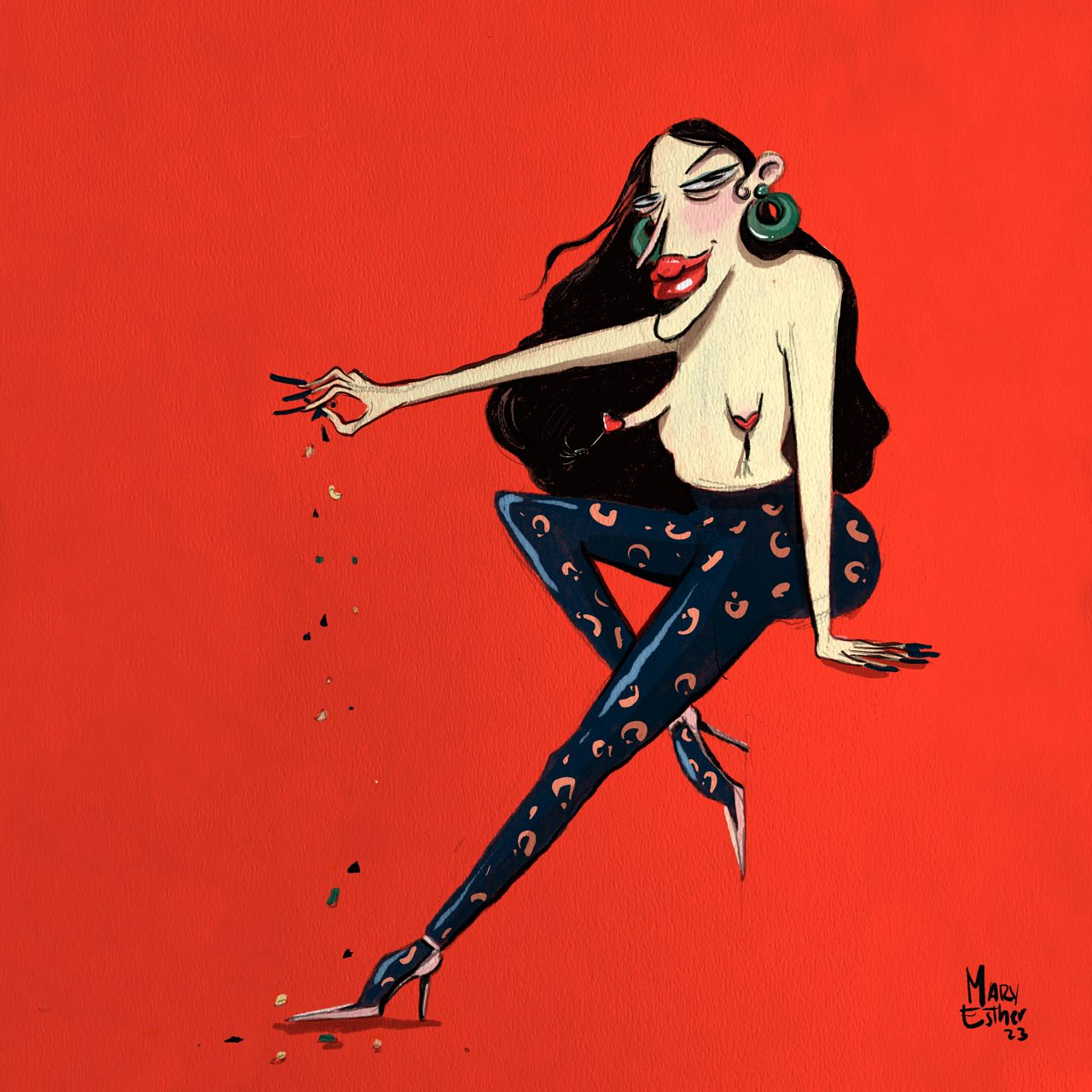 Figura con pantalones estampados sobre fondo rojo