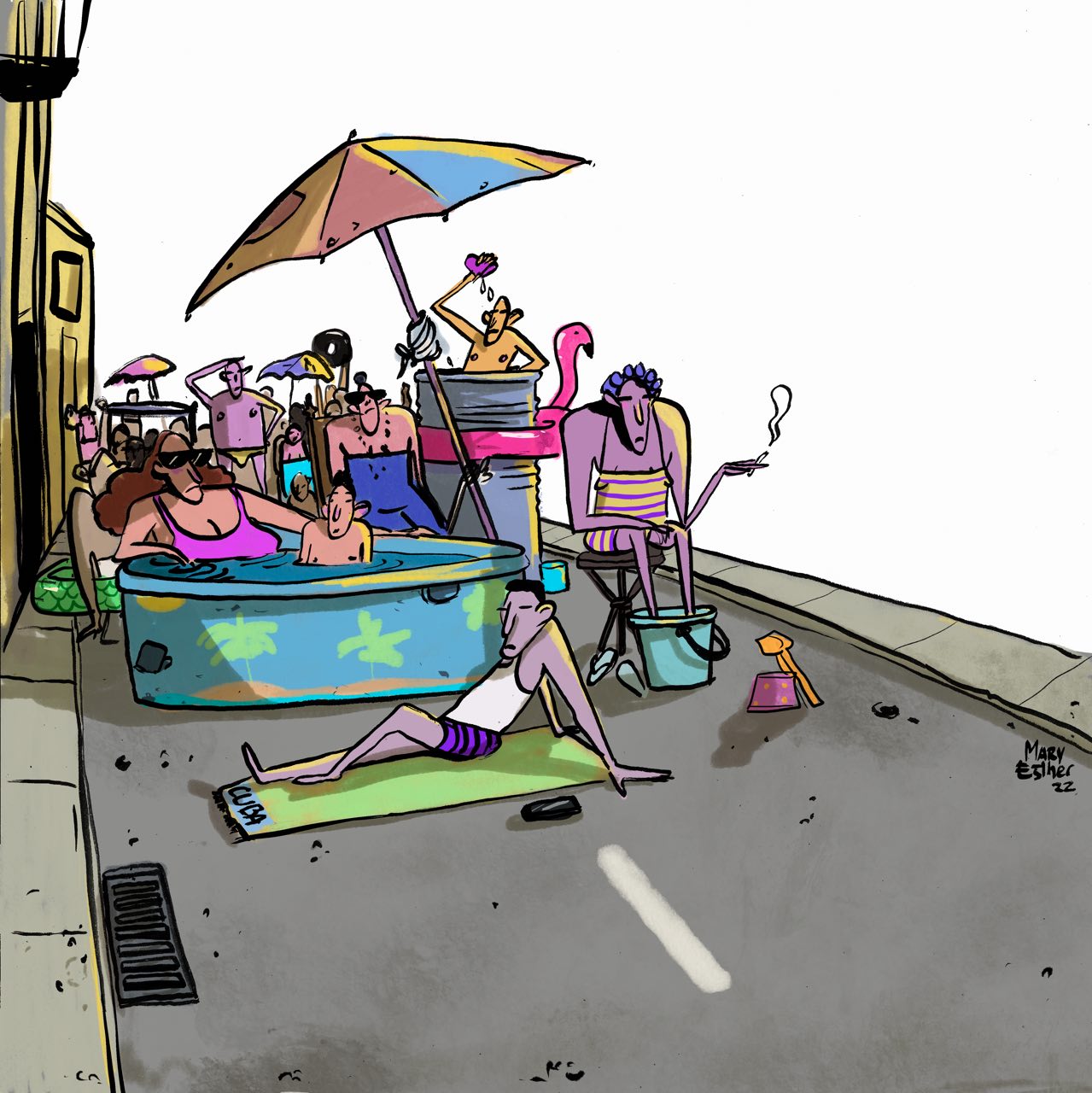 Escena de calle con personas en piscinas inflables bajo sombrillas